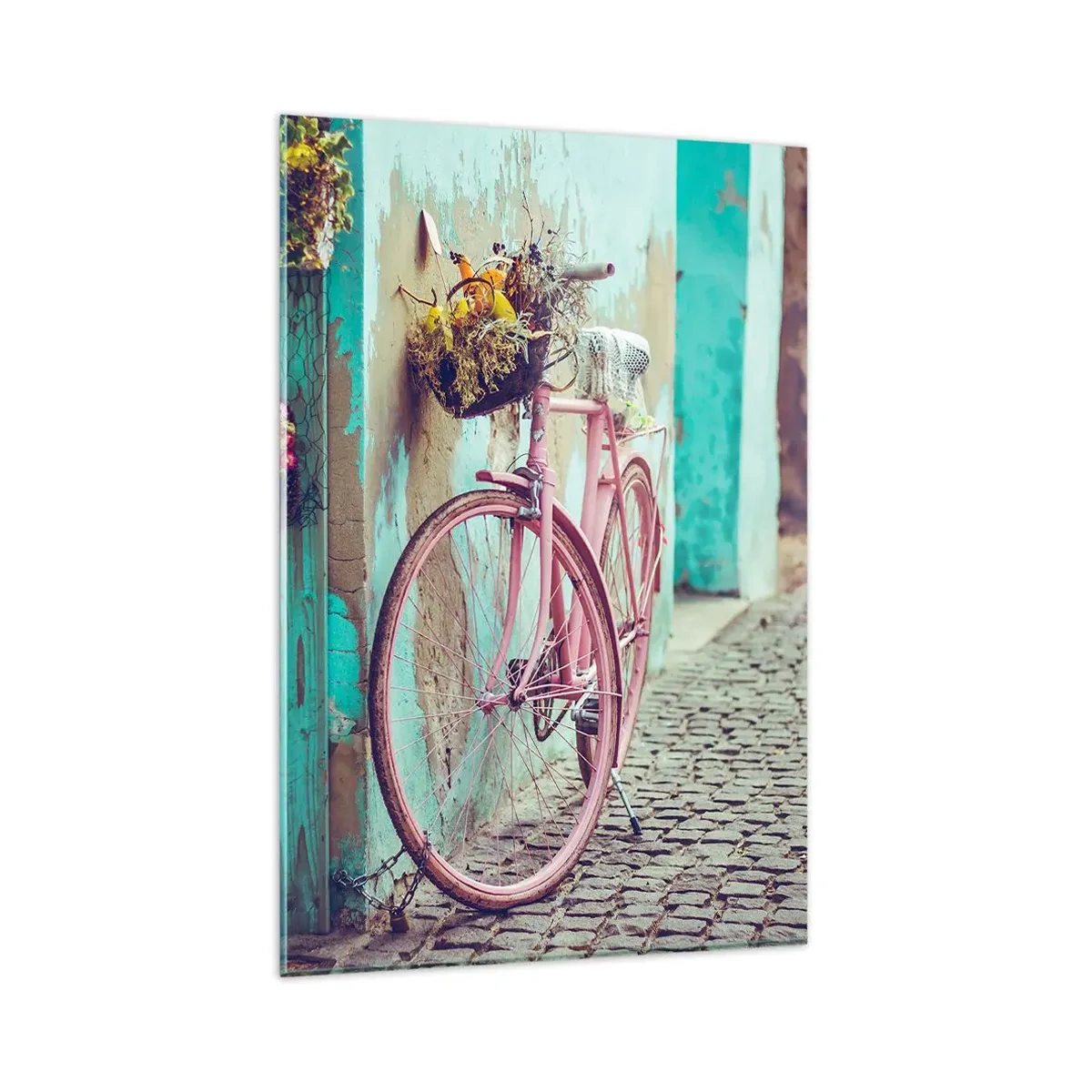 Cuadro sobre vidrio - Impresiones sobre Vidrio - Una bicicleta rosa junto a una puerta turquesa. - 80x120cm - Ahora mismo vuelvo - Decoración de pared moderna para salón y dormitorio ARTTOR