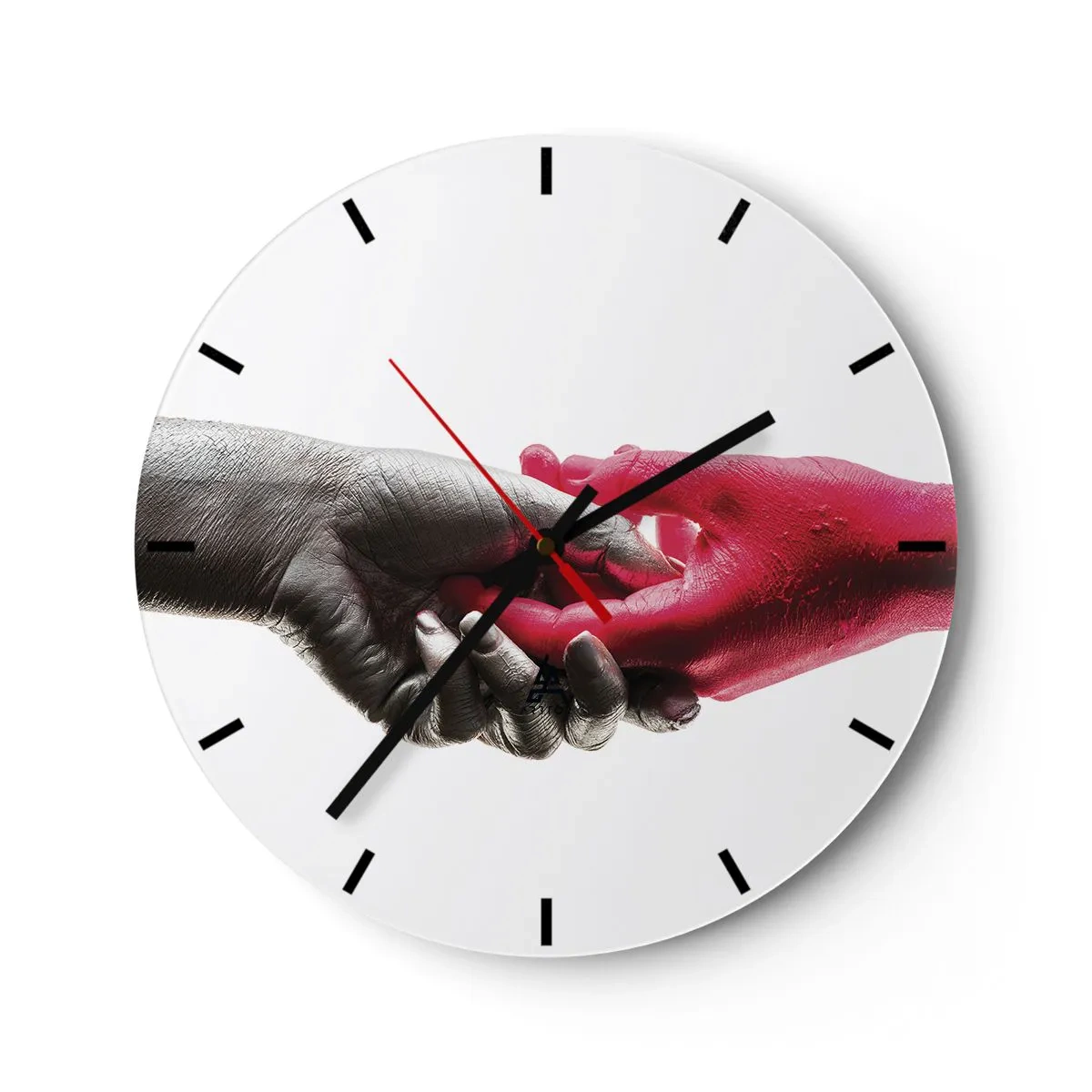 Reloj de pared - Reloj de vidrio - Apretón de manos simbólico en negro y rojo - 30x30cm - Juntos, aunque diferentes - Decoración de pared moderna para salón, cocina y dormitorio ARTTOR