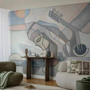 Fotomural Premium Sand - Retrato abstracto de una mujer con guitarra en tonos grises. - 100x70cm - En el poder de la música - Decoración de pared moderna para salón y dormitorio ARTTOR