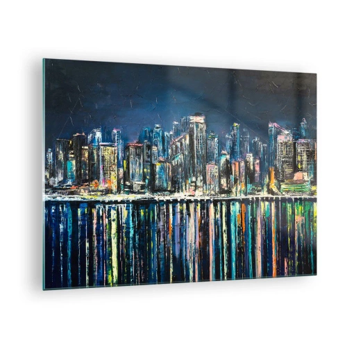 Cuadro sobre vidrio - Impresiones sobre Vidrio - Panorama de la ciudad de noche con las luces reflejadas en el agua. - 70x50cm - Una cascada de luces - Decoración de pared moderna para salón y dormitorio ARTTOR