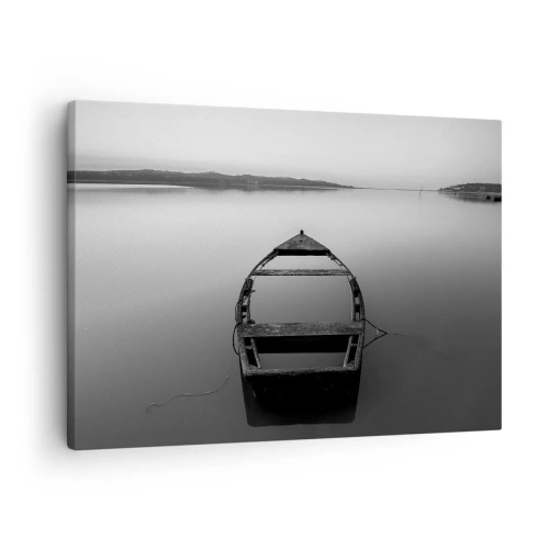 Cuadro sobre lienzo - Impresión de Imagen - Un barco solitario en un lago tranquilo en tonos blanco y negro. - 70x50cm - Anhelo y melancolía - Decoración de pared moderna para salón y dormitorio ARTTOR