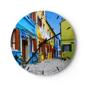 Reloj de pared - Reloj de vidrio - Casas de vecindad coloridas con una estrecha calle adoquinada - 30x30cm - Callejón dulce de color pastel - Decoración de pared moderna para salón, cocina y dormitorio ARTTOR