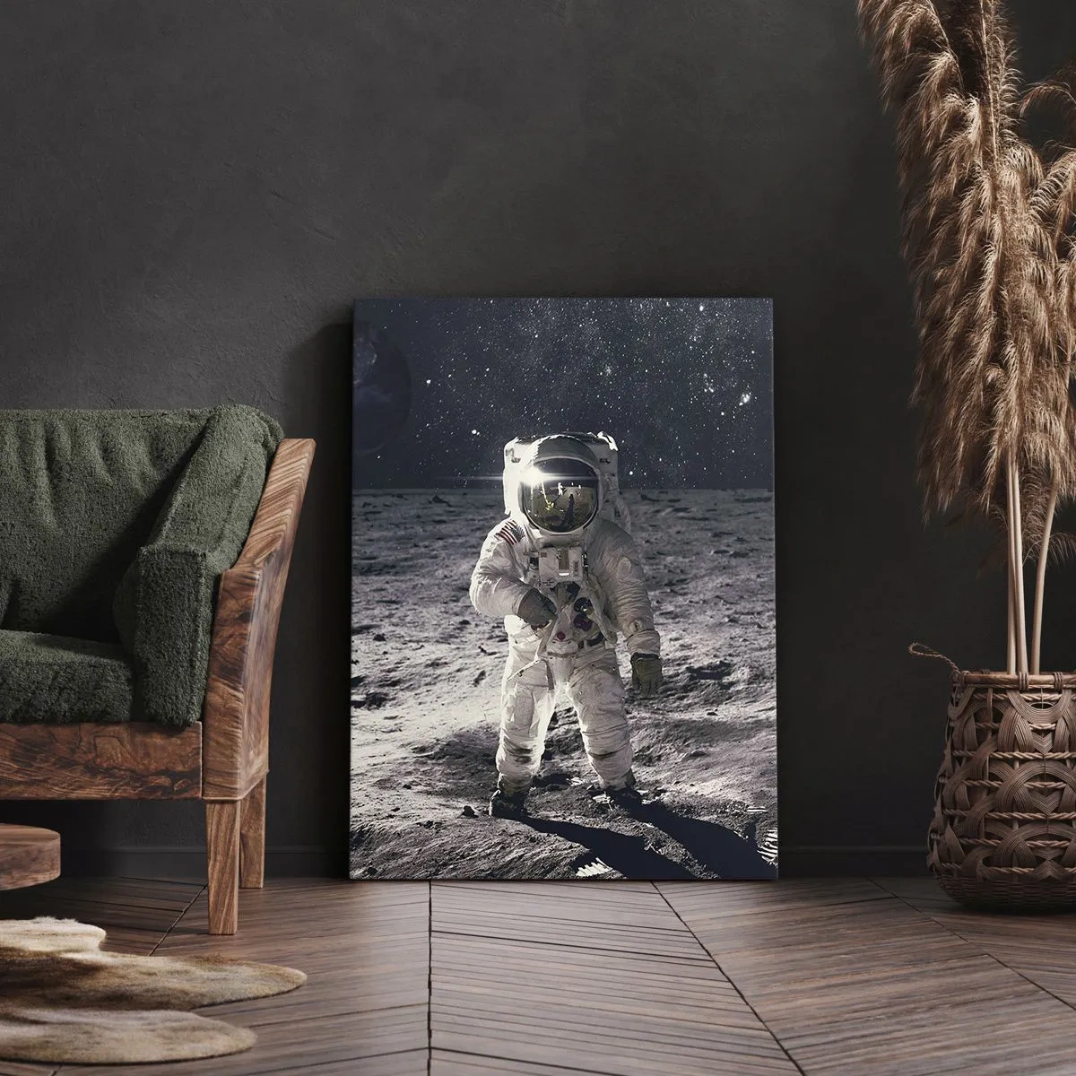 Cuadro sobre lienzo - Impresión de Imagen - Astronauta en la superficie de la Luna con la Tierra al fondo - 50x70cm - Saludos desde la Luna - Decoración de pared moderna para salón y dormitorio ARTTOR