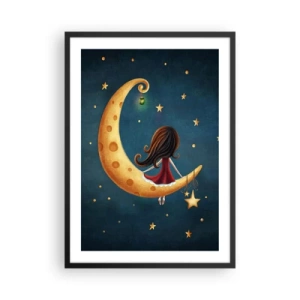 Póster en marco negro - Una niña en la luna rodeada de estrellas y una linterna. - 50x70cm - Érase una vez... - Decoración de pared moderna para salón y dormitorio ARTTOR