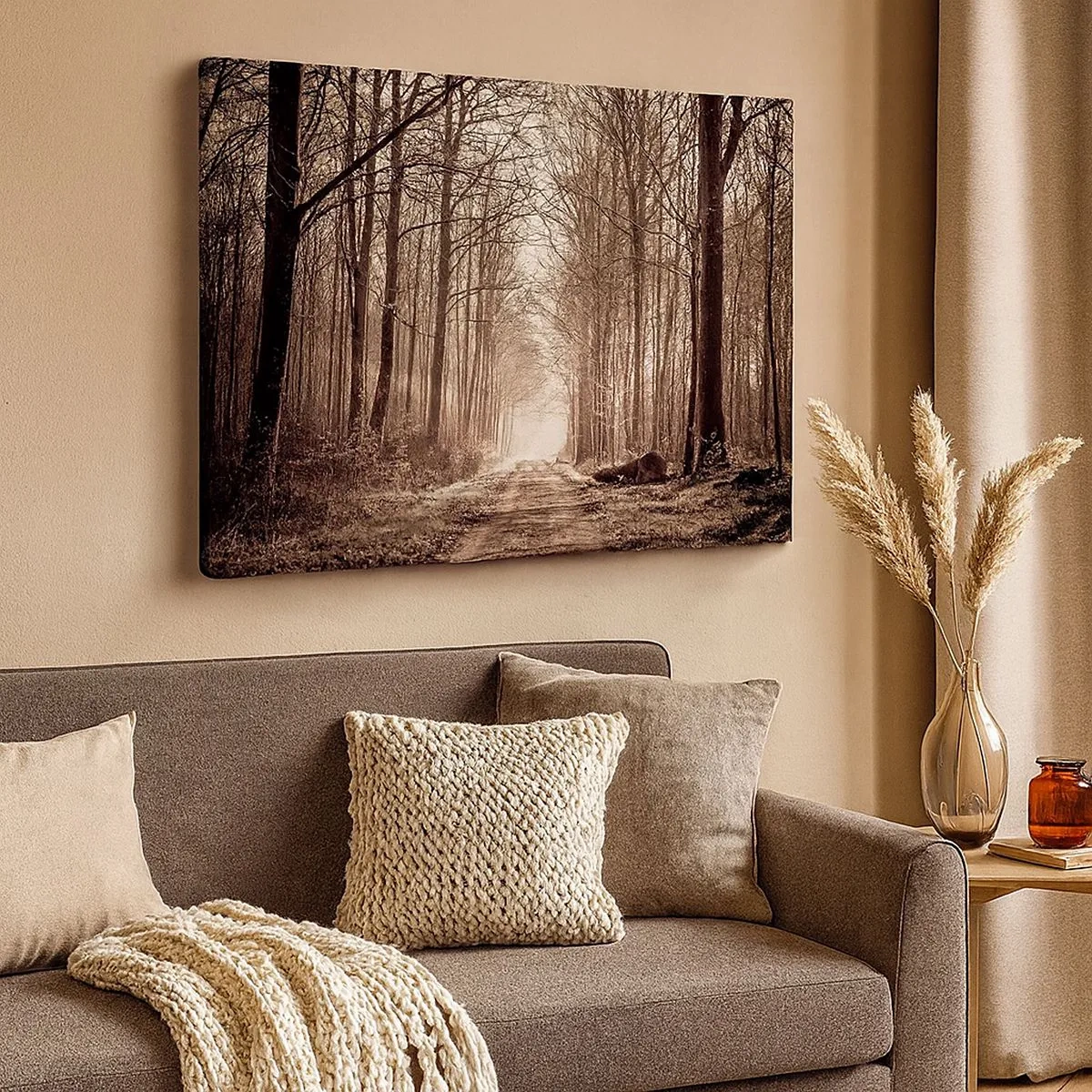 Cuadro sobre lienzo - Impresión de Imagen - Un sendero forestal entre árboles en tonos sepia. - 70x50cm - La catedral del bosque - Decoración de pared moderna para salón y dormitorio ARTTOR