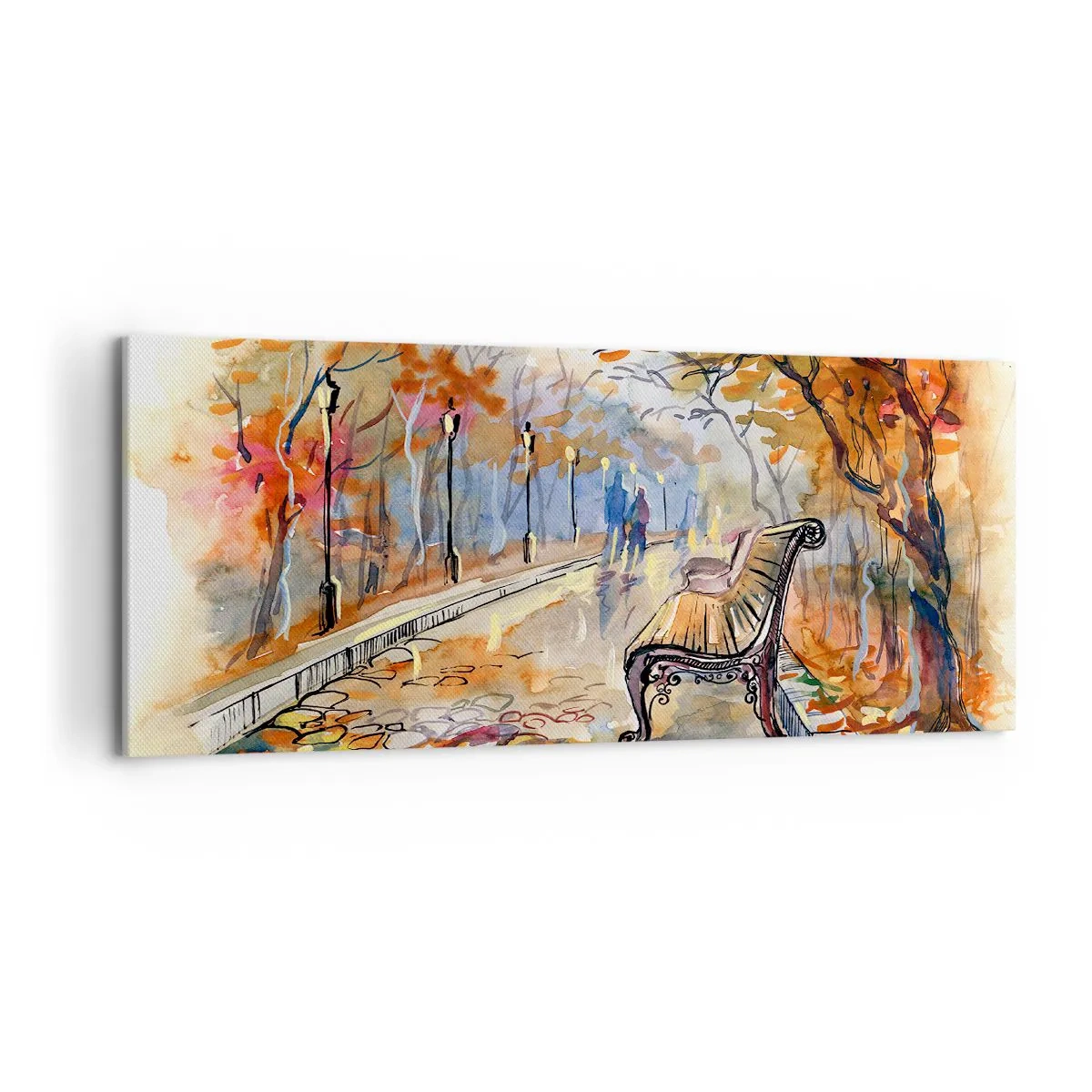 Cuadro sobre lienzo - Impresión de Imagen - Un parque otoñal con un banco en acuarela. - 120x50cm - Caminemos juntos hacia el otoño - Decoración de pared moderna para salón y dormitorio ARTTOR