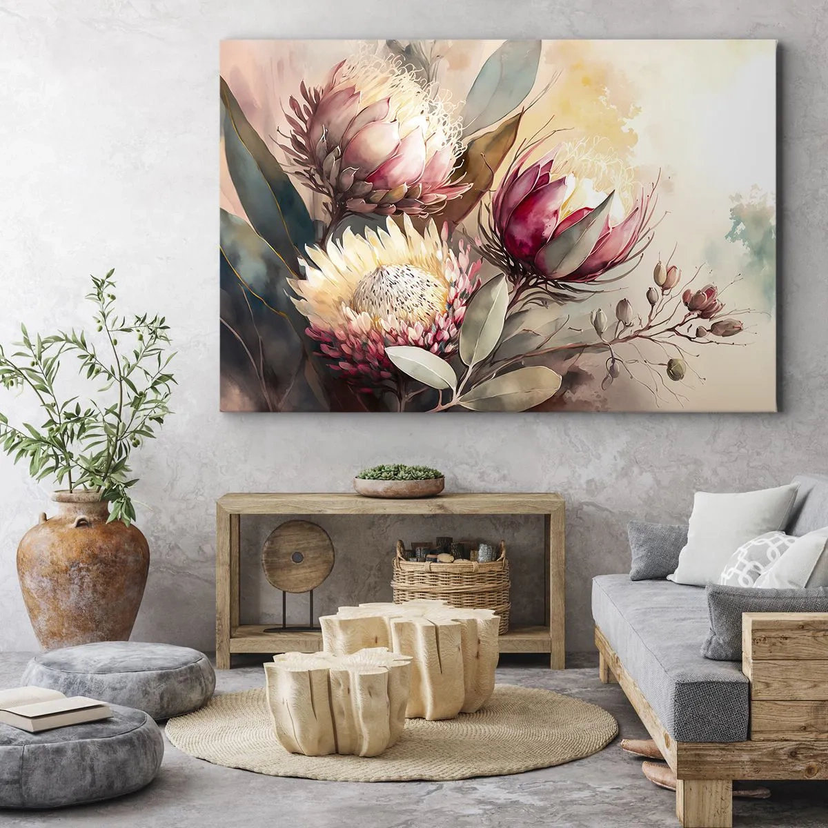 Cuadro sobre lienzo - Impresión de Imagen - Flores de protea en delicados tonos pastel. - 120x80cm - De perfil y de frente - Decoración de pared moderna para salón y dormitorio ARTTOR
