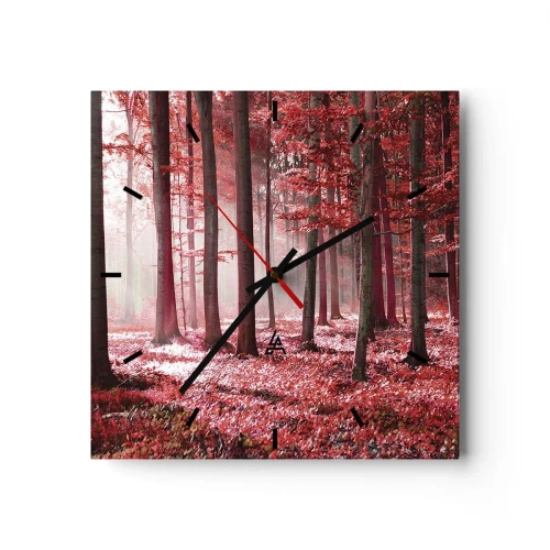 Reloj de pared - Reloj de vidrio - Un impresionante bosque en tonos rojos con rayos de luz que penetran a través de los árboles. - 30x30cm - Rojo como el que más - Decoración de pared moderna para salón y dormitorio ARTTOR