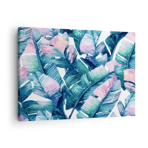 Cuadro sobre lienzo - Impresión de Imagen - Hojas de plátano en tonos azules y rosas. - 70x50cm - En una plantación de plátanos - Decoración de pared moderna para salón y dormitorio ARTTOR