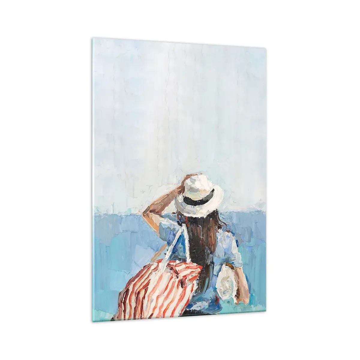 Cuadro sobre vidrio - Impresiones sobre Vidrio - Una mujer con sombrero frente al mar azul. - 70x100cm - Bienvenida a tus vacaciones - Decoración de pared moderna para salón y dormitorio ARTTOR