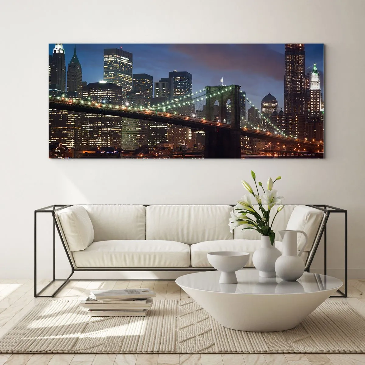 Cuadro sobre vidrio - Impresiones sobre Vidrio - Puente de la ciudad de Nueva York de noche con edificios iluminados - 160x50cm - Una noche iluminada - Decoración de pared moderna para salón y dormitorio ARTTOR