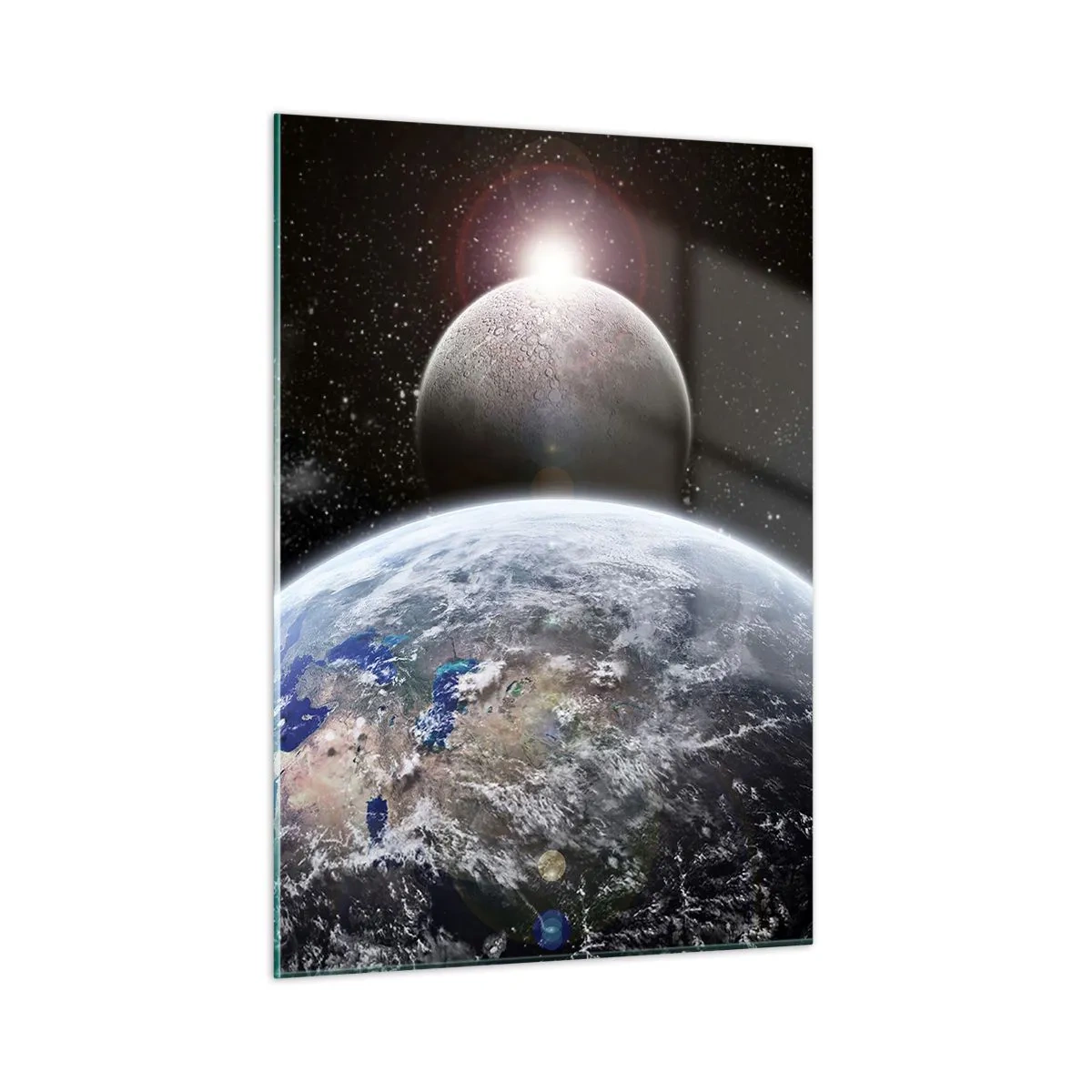 Cuadro sobre vidrio - Impresiones sobre Vidrio - La Tierra y la Luna en el espacio - 50x70cm - Paisaje cósmico - amanecer - Decoración de pared moderna para salón y dormitorio ARTTOR