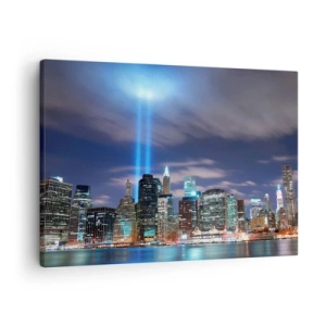 Cuadro sobre lienzo - Impresión de Imagen - Panorama nocturno de la ciudad con dos rayos de luz brillantes en el cielo - 70x50cm - Con luz para alcanzar el cielo - Decoración de pared moderna para salón y dormitorio ARTTOR