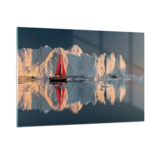 Cuadro sobre vidrio - Impresiones sobre Vidrio - Un velero con una vela roja cerca de los icebergs al atardecer. - 120x80cm - En el límite del mundo - Decoración de pared moderna para salón y dormitorio ARTTOR