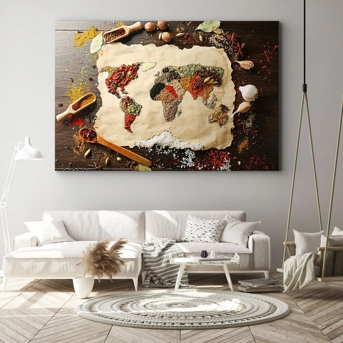 Cuadro sobre lienzo - Impresión de Imagen - Un mapa del mundo hecho de especias sobre un fondo de madera. - 120x80cm - Todos los sabores del mundo - Decoración de pared moderna para salón y dormitorio ARTTOR