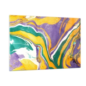 Cuadro sobre vidrio - Impresiones sobre Vidrio - Patrón de ondas abstracto en amarillo, morado y verde. - 120x80cm - Olas de color - Decoración de pared moderna para salón y dormitorio ARTTOR
