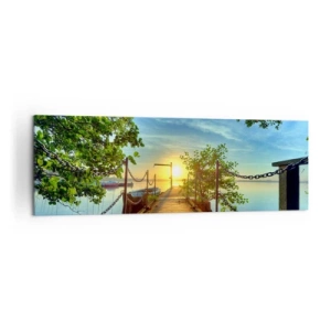 Cuadro sobre lienzo - Impresión de Imagen - Un muelle sobre el lago bajo los rayos del atardecer. - 160x50cm - Atardecer junto al agua - Decoración de pared moderna para salón y dormitorio ARTTOR