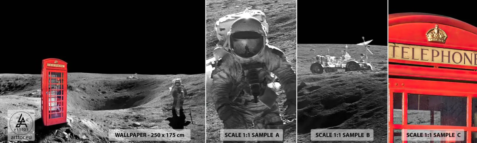 Muestra de fotomural autoadhesivo Deluxe Sticker - Una broma cósmica - Abstracción, Luna, Astronauta - 100x30 cm