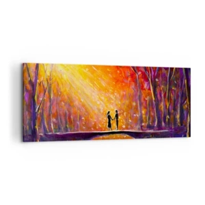 Cuadro sobre lienzo - Impresión de Imagen - Pareja romántica en un puente en el bosque otoñal - 120x50cm - El cielo también los ama - Decoración de pared moderna para salón y dormitorio ARTTOR