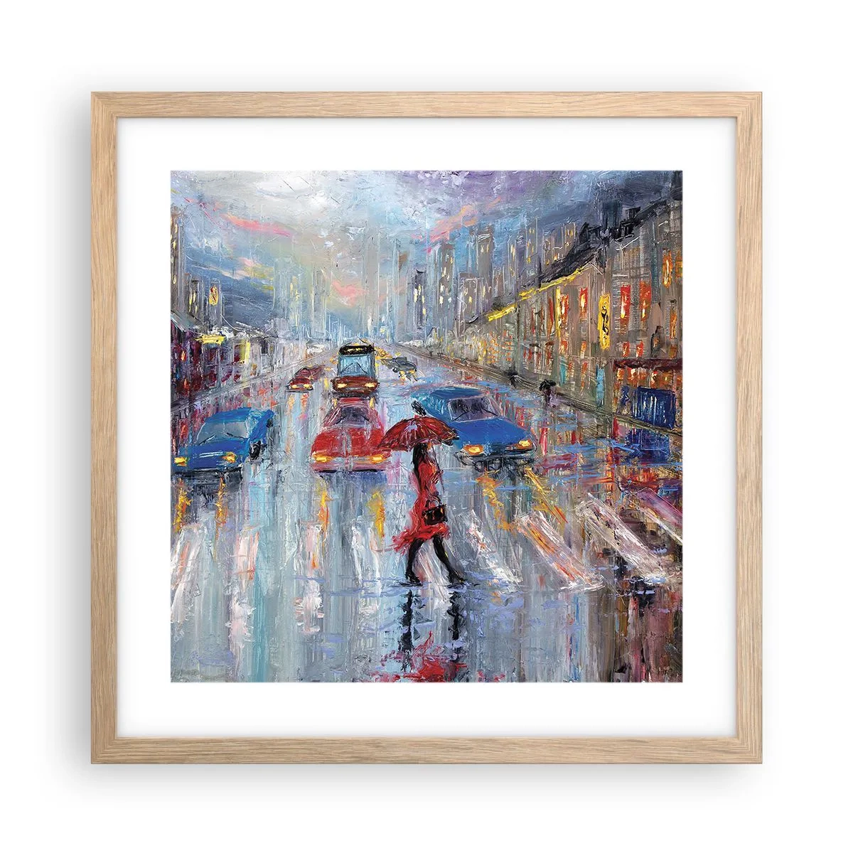 Póster en marco roble claro - Una tarde de lluvia en la ciudad - 40x40 cm