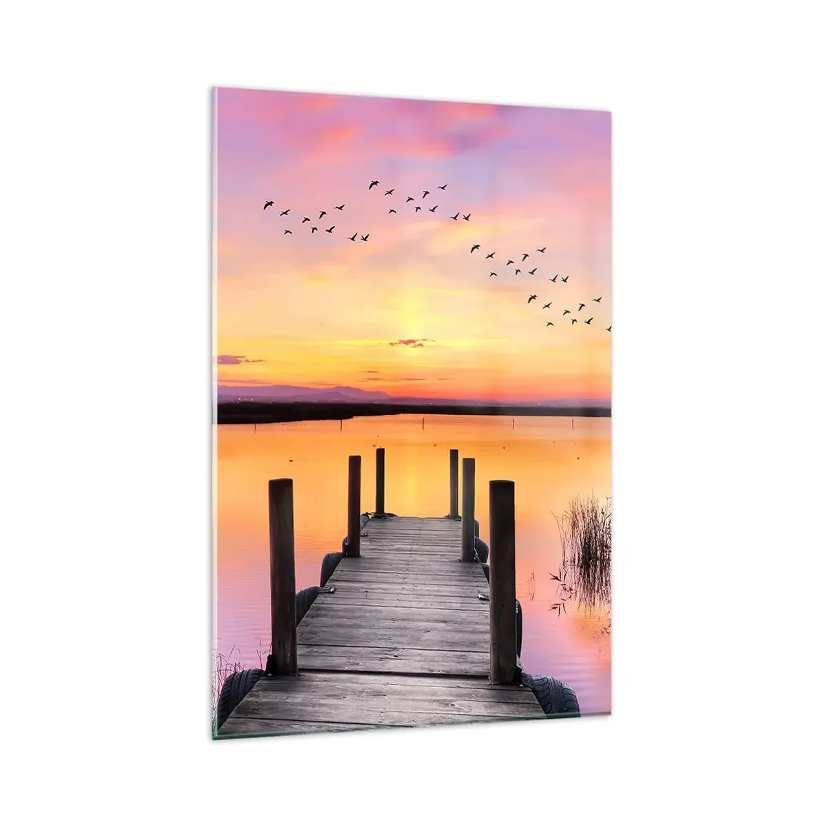 Cuadro sobre vidrio - Impresiones sobre Vidrio - Un muelle en un lago al atardecer con pájaros en el cielo. - 80x120cm - Violeta amanecer silencioso - Decoración de pared moderna para salón y dormitorio ARTTOR