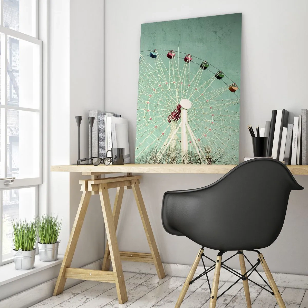 Cuadro sobre vidrio - Impresiones sobre Vidrio - Una noria colorida contra un cielo azul en estilo retro. - 70x100cm - Te invitamos a jugar - Decoración de pared moderna para salón y dormitorio ARTTOR