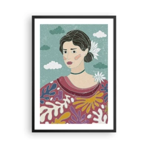 Póster en marco negro - Retrato de una mujer con un vestido colorido y estilizado sobre un fondo de nubes. - 50x70cm - Con melancolía en la mirada - Decoración de pared moderna para salón y dormitorio ARTTOR