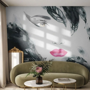 Fotomural Premium Sand - Retrato estilizado de una mujer en colores de acuarela. - 100x70cm - ¡Cuidado! Femme fatale - Decoración de pared moderna para salón y dormitorio ARTTOR