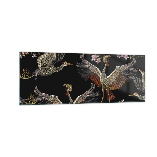 Cuadro sobre vidrio - Impresiones sobre Vidrio - Grullas y flores elegantes sobre un fondo negro. - 140x50cm - Aves de cuento de hadas - Decoración de pared moderna para salón y dormitorio ARTTOR