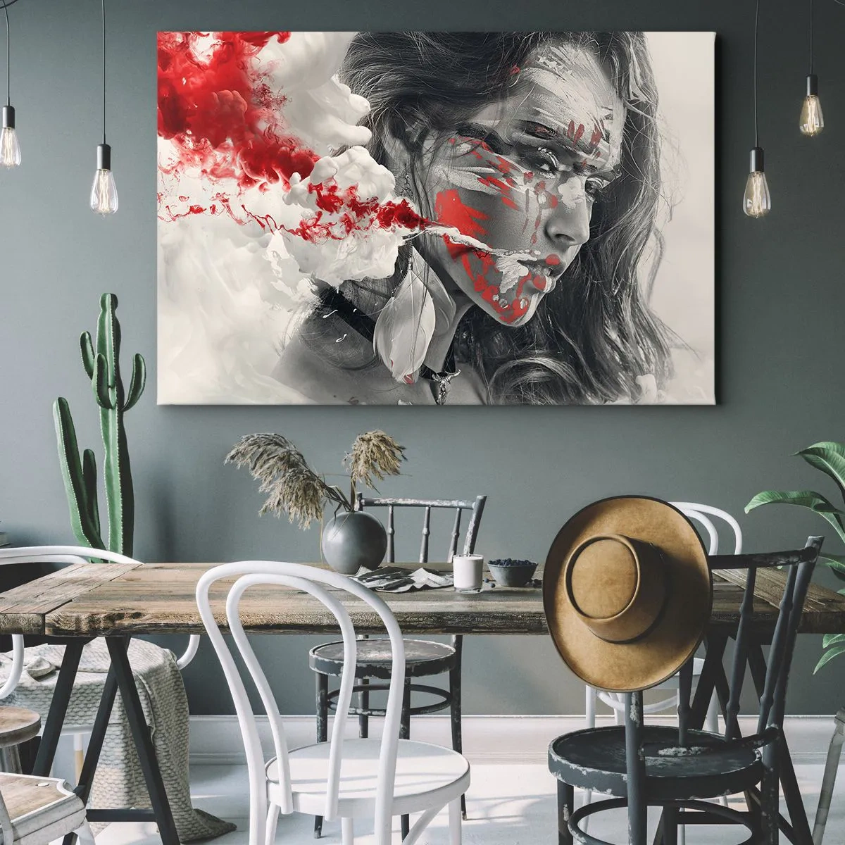 Cuadro sobre lienzo - Impresión de Imagen - Retrato artístico de una mujer con acentos rojos abstractos. - 120x80cm - En los humos del absurdo - Decoración de pared moderna para salón y dormitorio ARTTOR