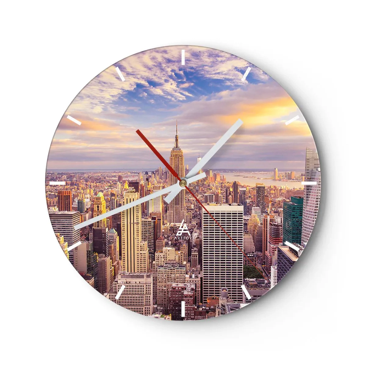 Reloj de pared - Reloj de vidrio - Panorama de la ciudad con rascacielos al atardecer - 30x30cm - Alcanzar las nubes - Decoración de pared moderna para salón, cocina y dormitorio ARTTOR