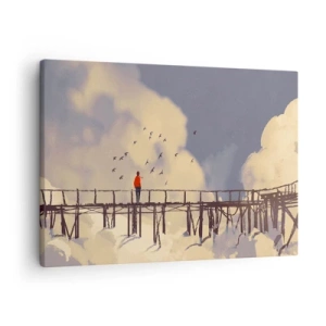 Cuadro sobre lienzo - Impresión de Imagen - Una figura en un puente entre nubes con pájaros en el cielo. - 70x50cm - Anhelo azul - Decoración de pared moderna para salón y dormitorio ARTTOR