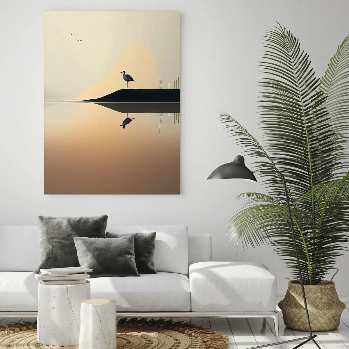 Cuadro sobre vidrio - Impresiones sobre Vidrio - Un pájaro en una isla en un lago tranquilo con tonos cálidos. - 80x120cm - Un caballero en el lago - Decoración de pared moderna para salón y dormitorio ARTTOR