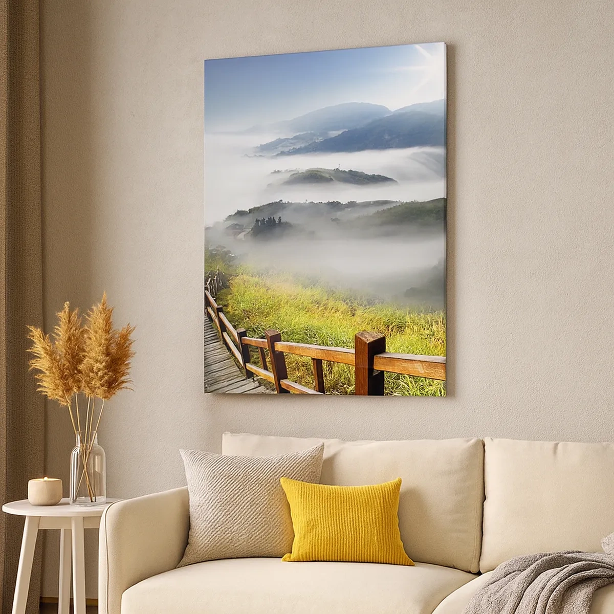 Cuadro sobre lienzo - Impresión de Imagen - Un sendero de madera entre las montañas brumosas por la mañana. - 50x70cm - Tejido de resplandor y niebla - Decoración de pared moderna para salón y dormitorio ARTTOR