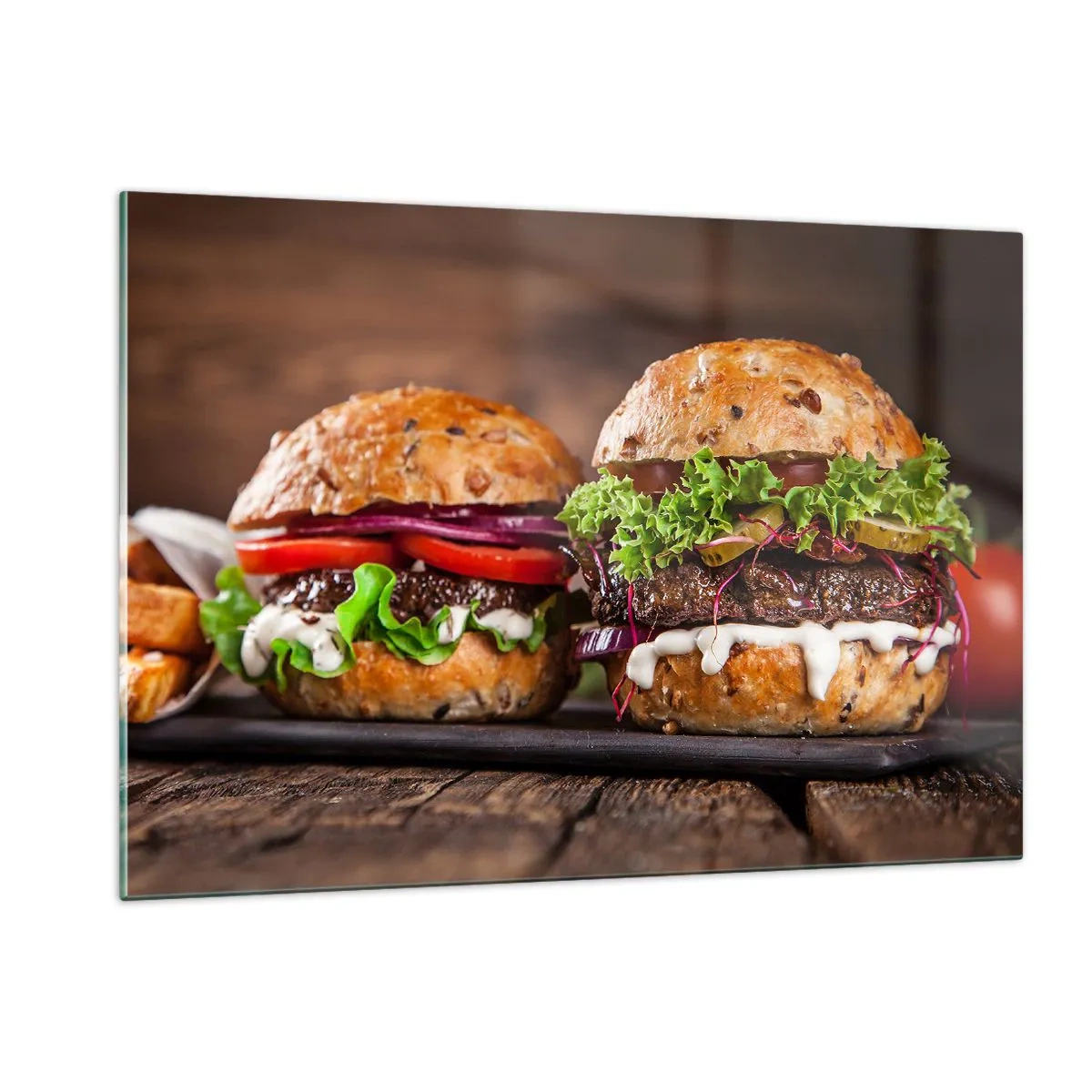 Cuadro sobre vidrio - Impresiones sobre Vidrio - Deliciosas hamburguesas con verduras y salsa. - 120x80cm - El sueño americano - Decoración de pared moderna para salón y dormitorio ARTTOR