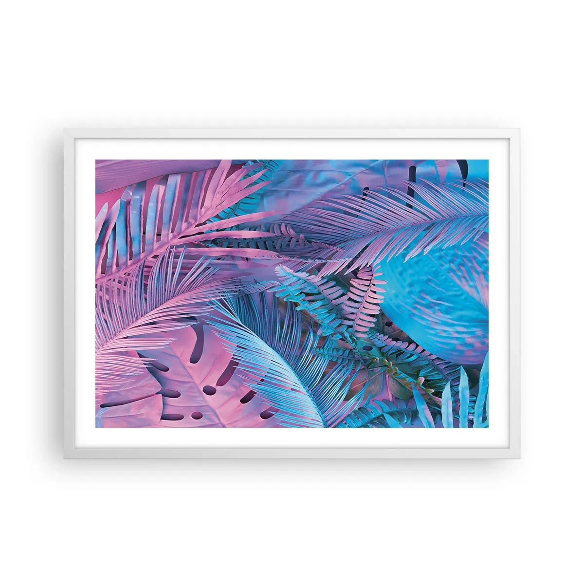 Póster en marco blanco - Trópicos en rosa y azul - 70x50 cm