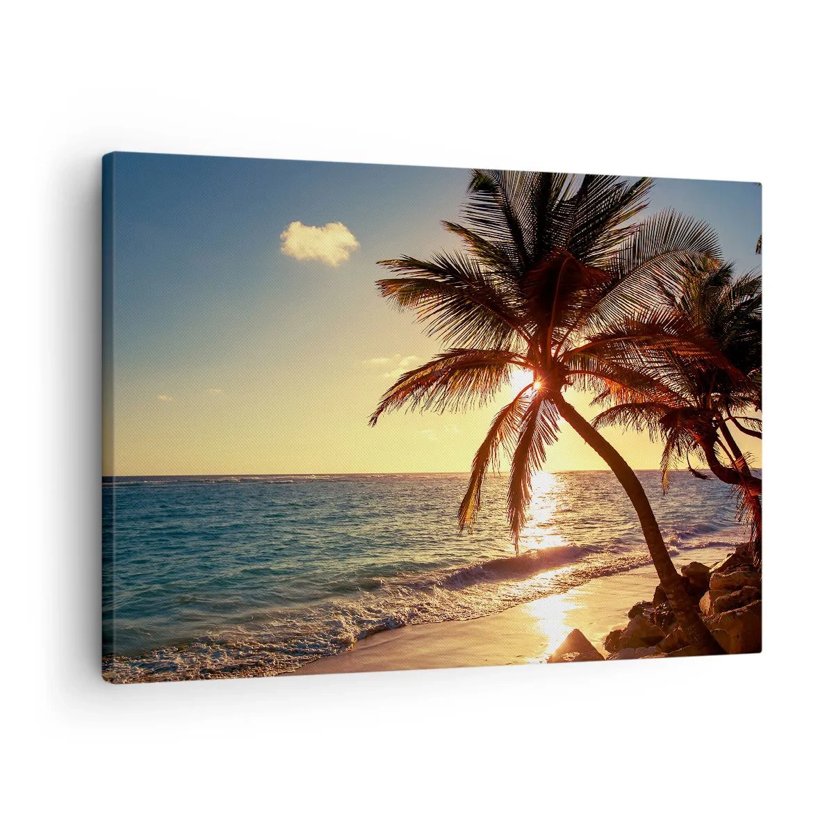 Cuadro sobre lienzo - Impresión de Imagen - Atardecer tropical sobre una playa con palmeras - 70x50cm - Verano bajo las palmeras - Decoración de pared moderna para salón y dormitorio ARTTOR
