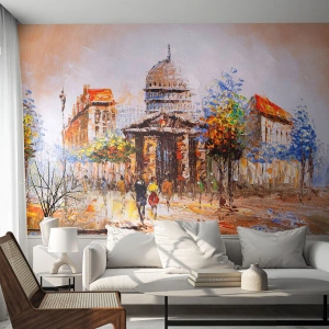 Fotomural Premium Sand - Panorama impresionista de la ciudad con la cúpula y la gente. - 100x70cm - Un paseo parisino - Decoración de pared moderna para salón y dormitorio ARTTOR