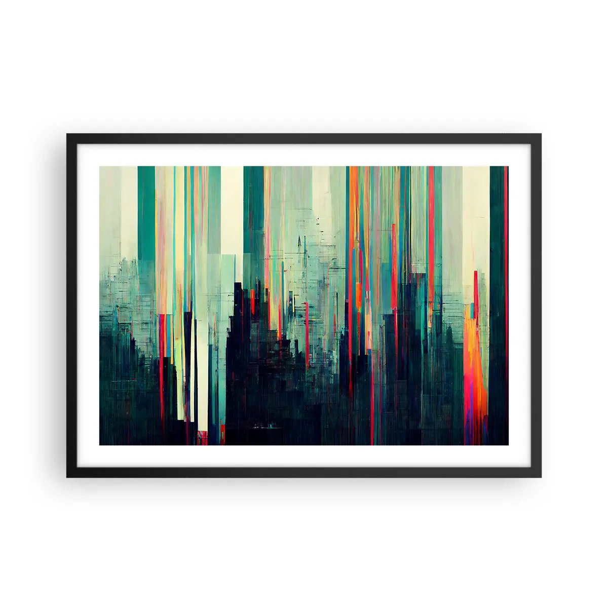 Póster en marco negro - Abstracción con líneas verticales y un horizonte de ciudad. - 70x50cm - Ciudad futurista - Decoración de pared moderna para salón y dormitorio ARTTOR