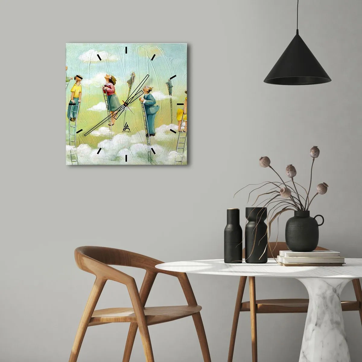 Reloj de pared - Reloj de vidrio - Figuras subiendo escaleras entre nubes sobre un fondo pastel. - 30x30cm - Sigue tu sueño - Decoración de pared moderna para salón y dormitorio ARTTOR