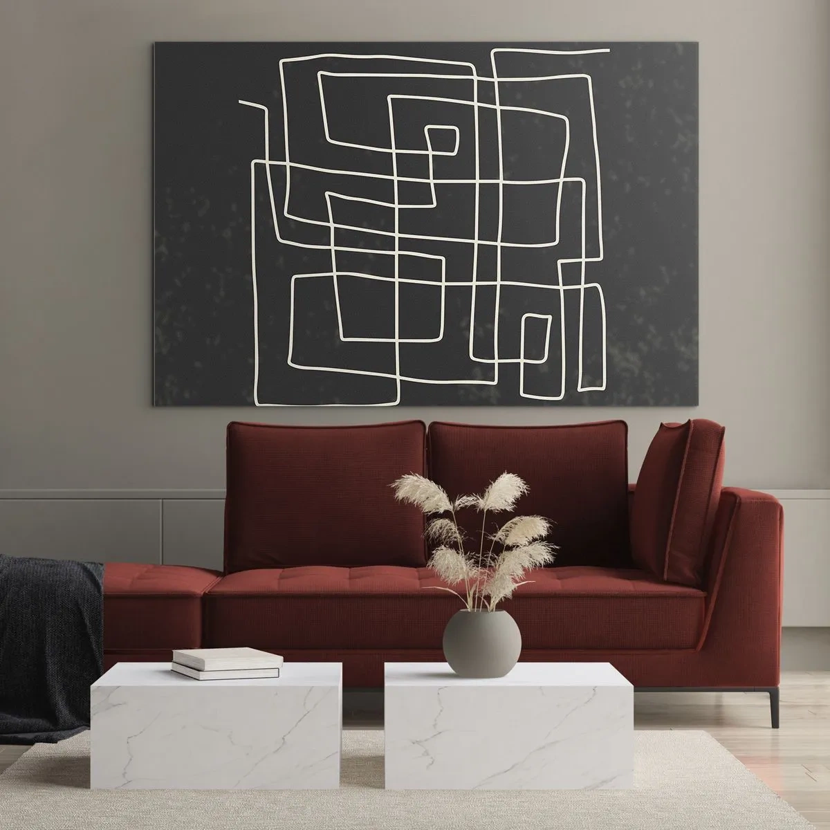 Cuadro sobre vidrio - Impresiones sobre Vidrio - Abstracción geométrica con líneas blancas sobre fondo negro. - 70x50cm - No es tan sencillo - Decoración de pared moderna para salón y dormitorio ARTTOR