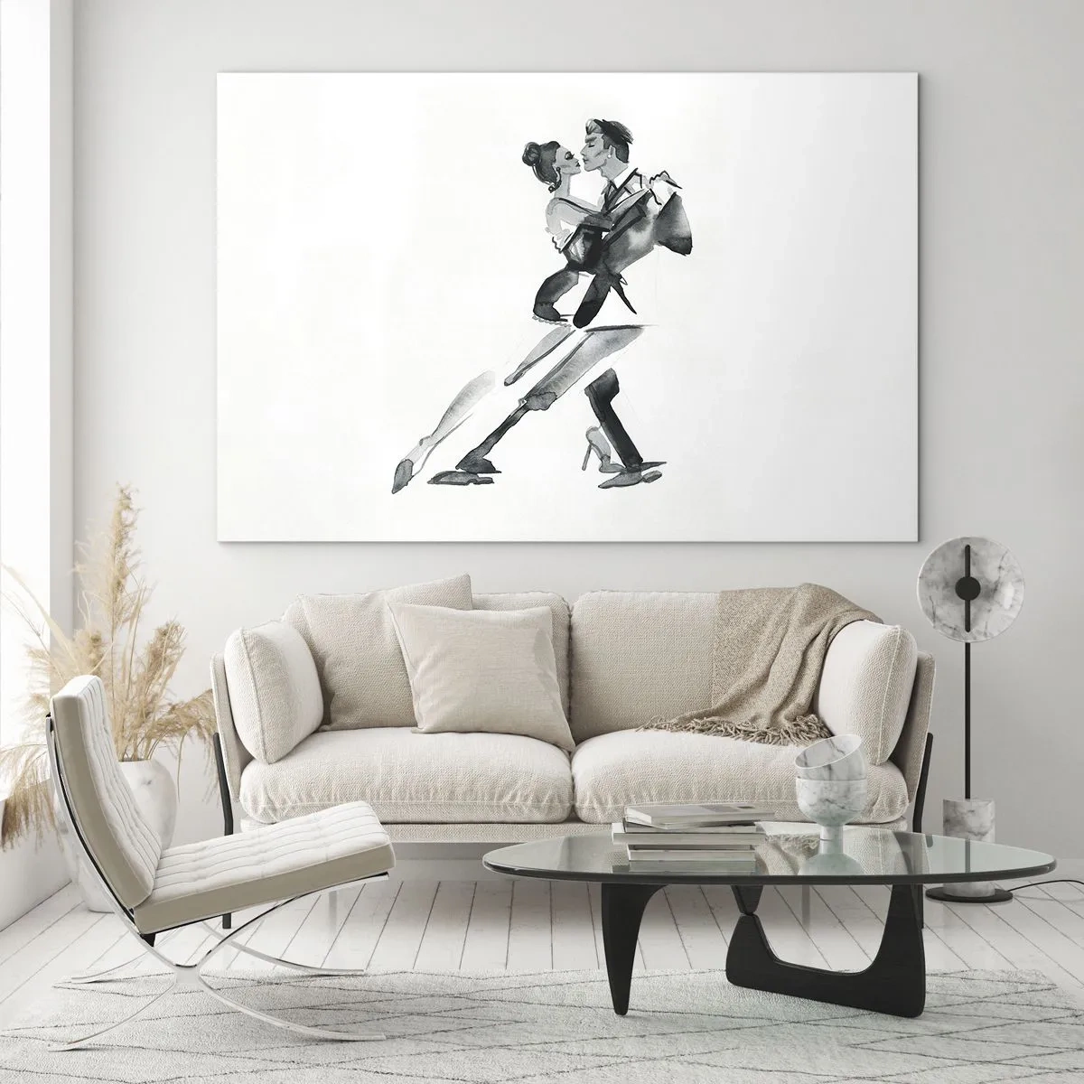 Cuadro sobre vidrio - Impresiones sobre Vidrio - Una pareja bailando tango en acuarela en blanco y negro. - 120x80cm - Todos al son de la música - Decoración de pared moderna para salón y dormitorio ARTTOR