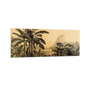 Cuadro sobre vidrio - Impresiones sobre Vidrio - Dibujo de árboles de plátano sobre un fondo de paisaje tropical. - 140x50cm - En un ambiente colonial - Decoración de pared moderna para salón y dormitorio ARTTOR