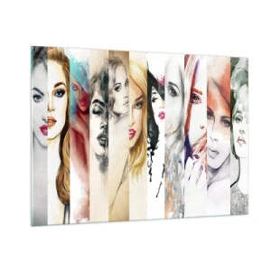 Cuadro sobre vidrio - Impresiones sobre Vidrio - Un collage de retratos de mujeres en varios estilos artísticos. - 100x70cm - Y siempre eres tú - Decoración de pared moderna para salón y dormitorio ARTTOR