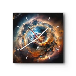 Reloj de pared - Reloj de vidrio - Una visión abstracta de una explosión cósmica en tonos dorados y azules. - 30x30cm - El inicio de todo - Decoración de pared moderna para salón y dormitorio ARTTOR