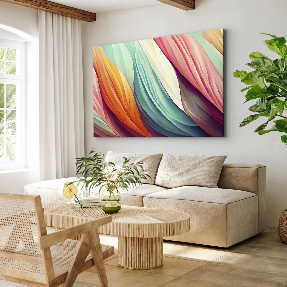 Cuadro sobre lienzo - Impresión de Imagen - Líneas abstractas en colores pastel y vibrantes. - 120x80cm - Tejido arco iris - Decoración de pared moderna para salón y dormitorio ARTTOR