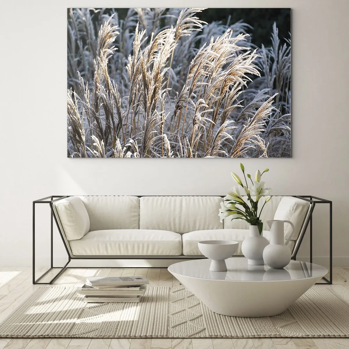 Cuadro sobre vidrio - Impresiones sobre Vidrio - Hierbas congeladas bajo el sol invernal - 100x70cm - Campos y campos - Decoración de pared moderna para salón y dormitorio ARTTOR