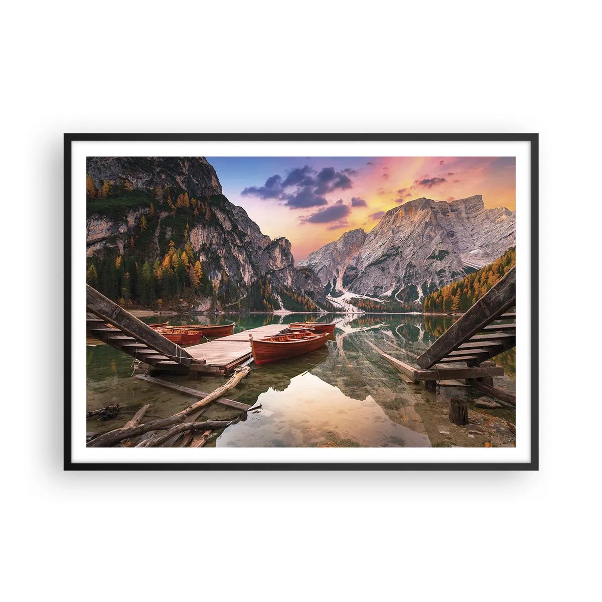 Póster en marco negro - Lago de montaña con barcos al atardecer - 100x70cm - Espejo entre montañas - Decoración de pared moderna para salón y dormitorio ARTTOR