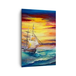 Cuadro sobre lienzo - Impresión de Imagen - Un velero con el telón de fondo de una colorida puesta de sol. - 80x120cm - Valientemente surcando las olas - Decoración de pared moderna para salón y dormitorio ARTTOR