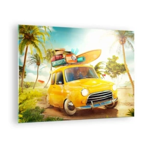 Cuadro sobre vidrio - Impresiones sobre Vidrio - Un coche amarillo con equipaje en el techo en una playa tropical. - 70x50cm - Un viaje para más de una sonrisa - Decoración de pared moderna para salón y dormitorio ARTTOR